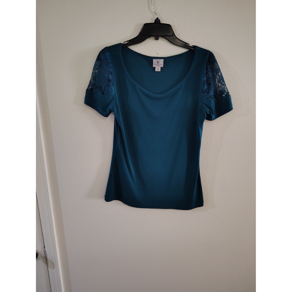 Worthington Stretch Teal Blue Lace Shoulder Short Sleeve Blouse Top Womens Small